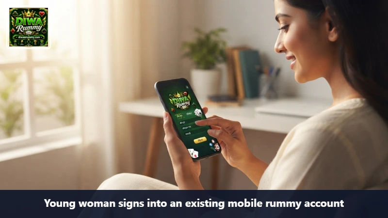 Young woman signs into an existing mobile rummy account