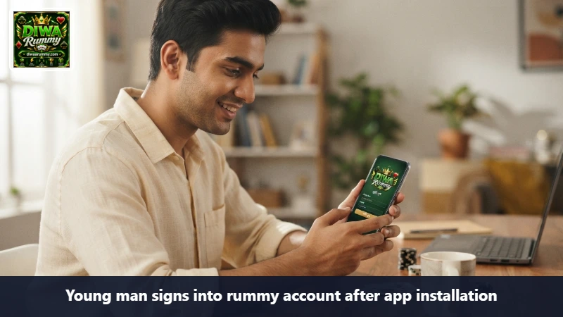 Young man signs into rummy account after app installation