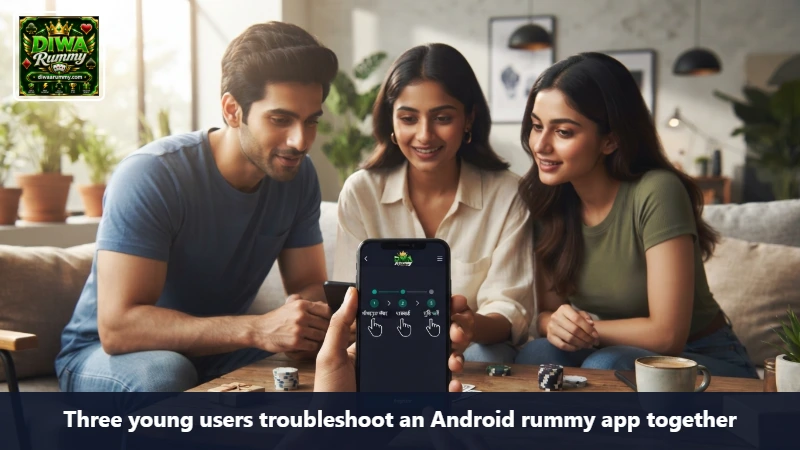 Three young users troubleshoot an Android rummy app together