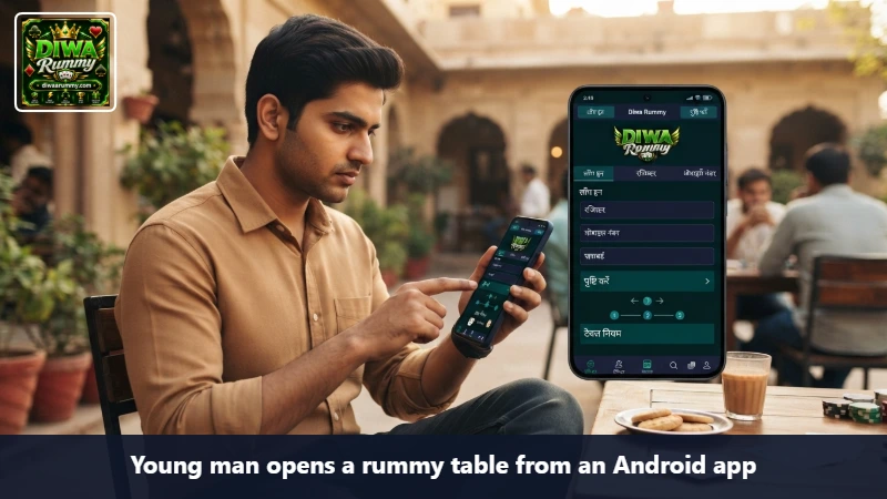 Young man opens a rummy table from an Android app