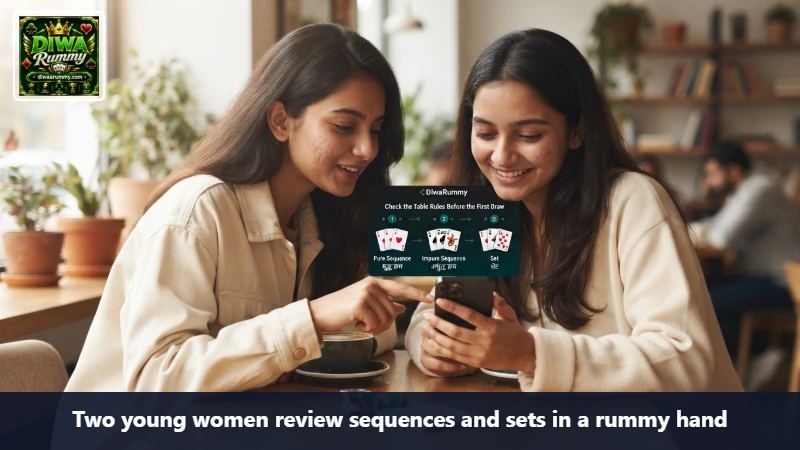 Two young women review sequences and sets in a rummy hand