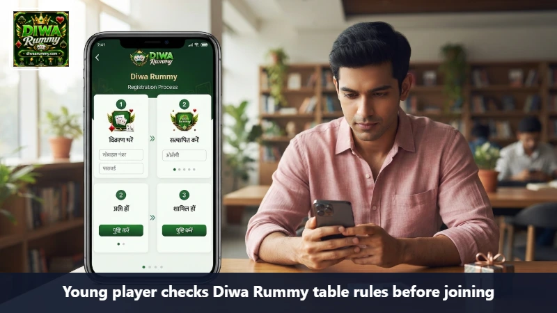 Young player checks Diwa Rummy table rules before joining