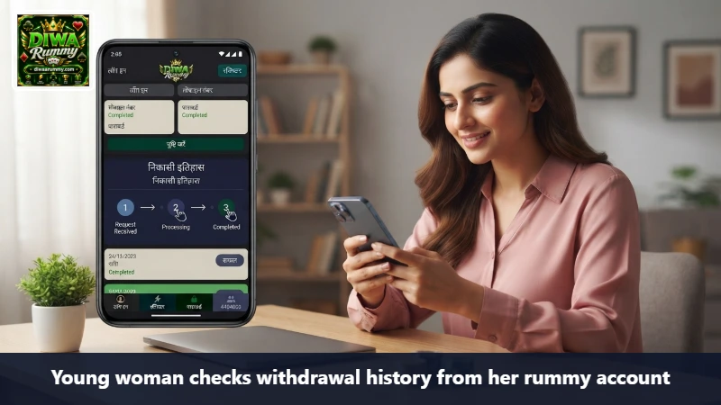 Young woman checks withdrawal history from her rummy account